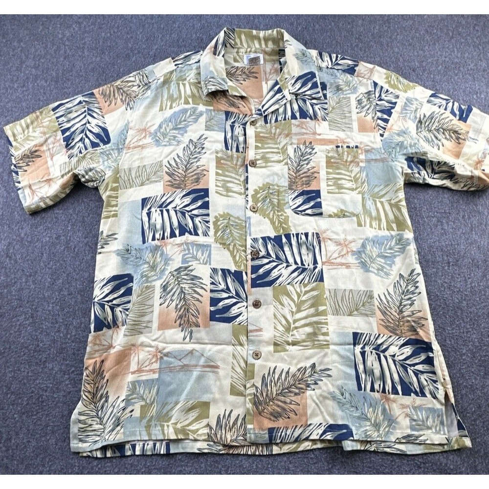 Modern Images Hawaiian Shirt Mens Large Beige Floral‎ Silk Button Front